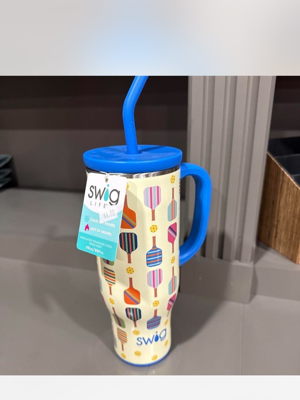 Swig Life Blue-Handle Pickleball Pattern Insulated Tumbler with Straw 32 oz